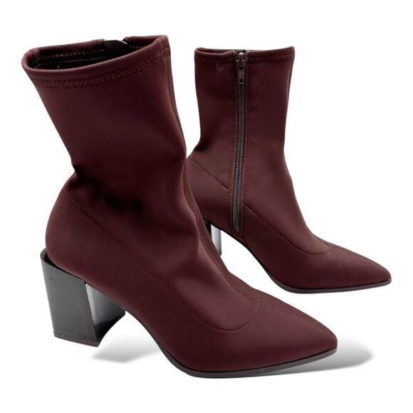 Aldo Burgundy Stretch Sock Ankle Boots With Patent Block Heels & Side Zipper 6.5 - Picture 1 of 16
